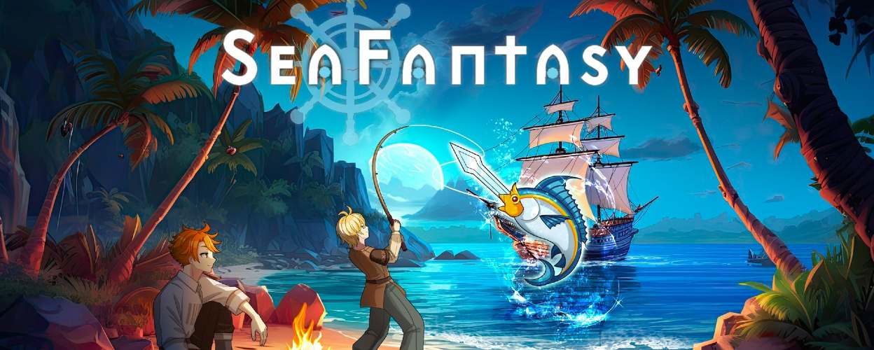Zwei Anime-Figuren am Strand: einer sitzt am Lagerfeuer, der andere kämpft mit einer Angel gegen einen gigantischen Schwertfisch vor Piratenschiff-Kulisse. Logo „Sea Fantasy“ über tropischer Küstenlandschaft.