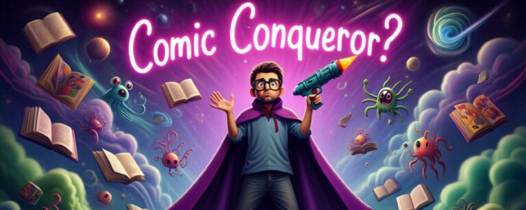 Comicbuchladenbesitzer mit Cape und Spielzeugwaffe steht heldenhaft vor einem bunten Sci-Fi-Chaos aus Aliens, Comics und explodierenden Sternen.