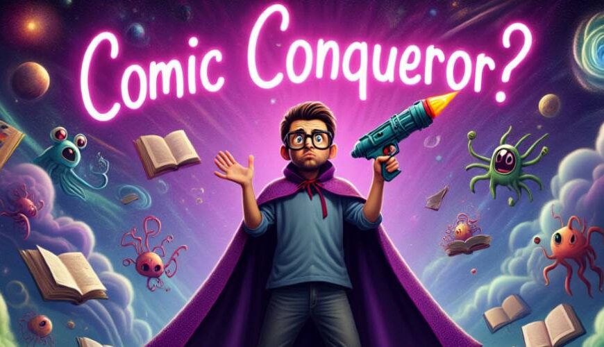 Comicbuchladenbesitzer mit Cape und Spielzeugwaffe steht heldenhaft vor einem bunten Sci-Fi-Chaos aus Aliens, Comics und explodierenden Sternen.