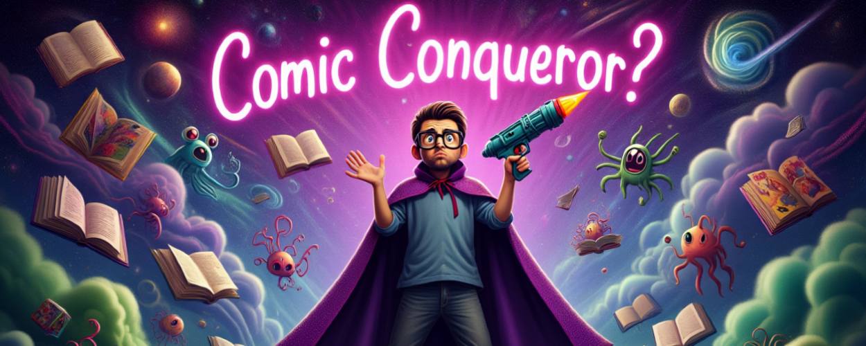 Comicbuchladenbesitzer mit Cape und Spielzeugwaffe steht heldenhaft vor einem bunten Sci-Fi-Chaos aus Aliens, Comics und explodierenden Sternen.
