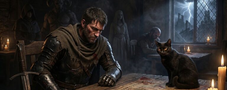 In einer düsteren Taverne sitzt ein erschöpfter Ritter in beschädigter Rüstung an einem Holztisch über einer blutbefleckten Karte mit Münzen, neben ihm sitzt eine schwarze Katze mit glühenden Augen auf der Karte; im Hintergrund stehen schemenhafte, dämonische Gestalten, durch das Fenster sind Gewitter und Ruinen zu sehen – grimdark Motiv zu Joe Abercrombies The Devils 2 mit sprechender Katze.
