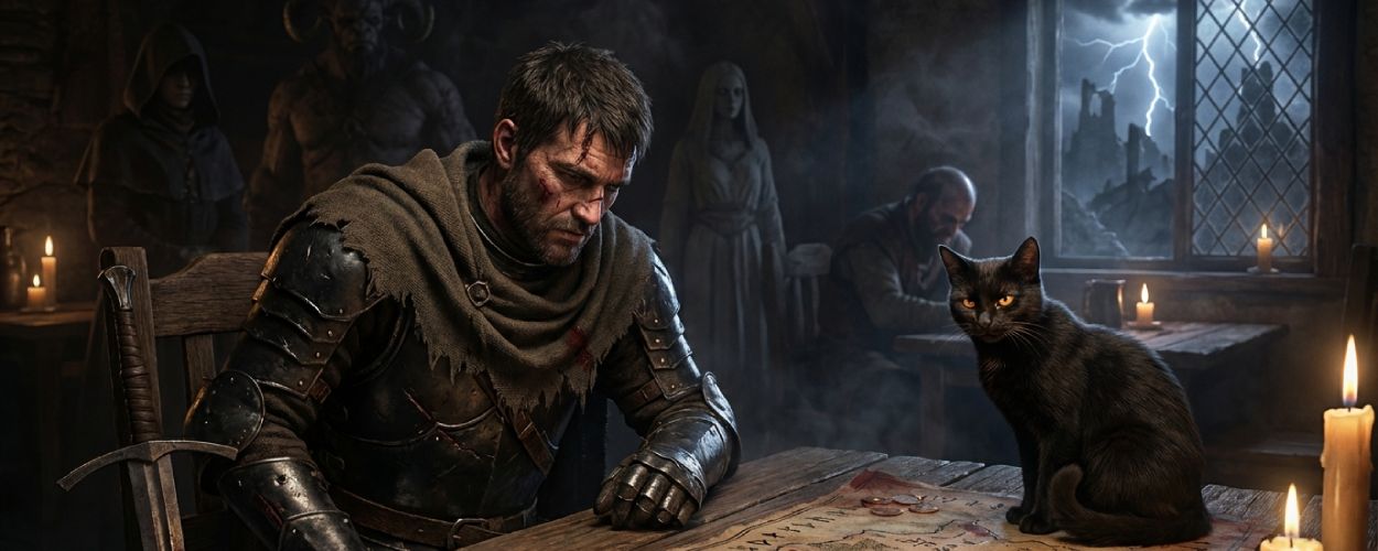 In einer düsteren Taverne sitzt ein erschöpfter Ritter in beschädigter Rüstung an einem Holztisch über einer blutbefleckten Karte mit Münzen, neben ihm sitzt eine schwarze Katze mit glühenden Augen auf der Karte; im Hintergrund stehen schemenhafte, dämonische Gestalten, durch das Fenster sind Gewitter und Ruinen zu sehen – grimdark Motiv zu Joe Abercrombies The Devils 2 mit sprechender Katze.