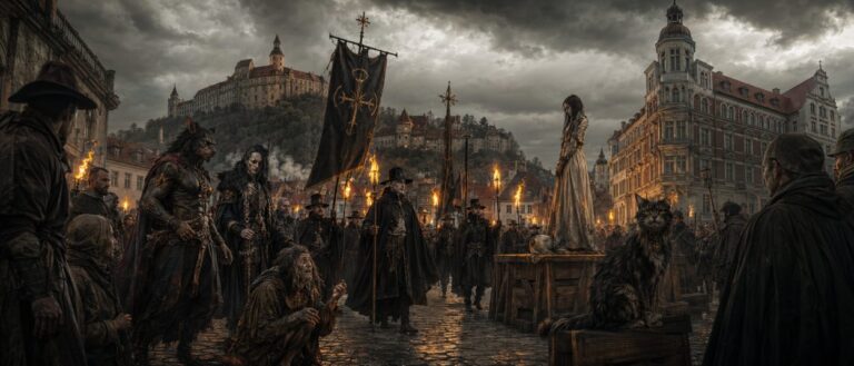 Auf einem düsteren historischen Stadtplatz stehen schwarz gekleidete Inquisitoren, monsterhafte Gestalten und Schaulustige mit Fackeln; im Hintergrund erhebt sich eine alte Stadt mit Schloss und Türmen, während im Vordergrund eine dunkle Katze sitzt.