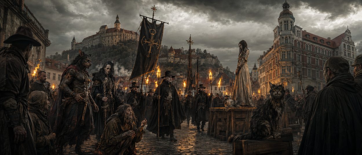 Abbildung: Grimdark Motiv. Ein abegehalfterter Zombie-Ritter und eine schwarze Katze brüten über einer antiken Karte. Motiv zu The Devils 2 von Joe Abercrombie. 