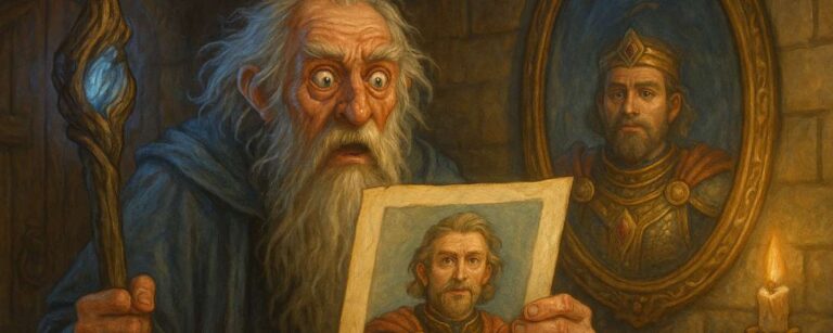 Ein alter Magier hält schockiert eine Bewerbung mit einer übertrieben heroischen Darstellung seiner selbst. Ein magischer Spiegel spiegelt die falsche Version wider. Satirische Anspielung auf KI-optimierte Selbstdarstellung.