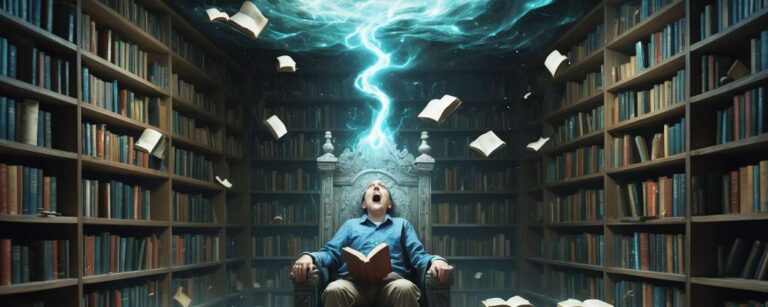 Magische Energie trifft einen enttäuschten Leser auf einem steinernen Buchthron – zwischen Verzauberung und Verzweiflung. Fantasy Bücher.