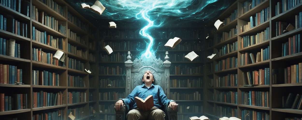 Magische Energie trifft einen enttäuschten Leser auf einem steinernen Buchthron – zwischen Verzauberung und Verzweiflung. Fantasy Bücher.