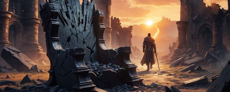 Ein zerbrochener Thron inmitten einer verbrannten Zitadelle bei Sonnenaufgang – ein einsamer Erzähler wandert dem Licht entgegen, Symbol für den Neuanfang der Fantasy.