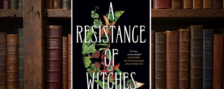 Buchcover von A Resistance of Witches von Morgan Ryan vor einem Regal mit alten Lederbänden – schwarzer Hintergrund, florales Hexensymbol, stilisierte Schrift.