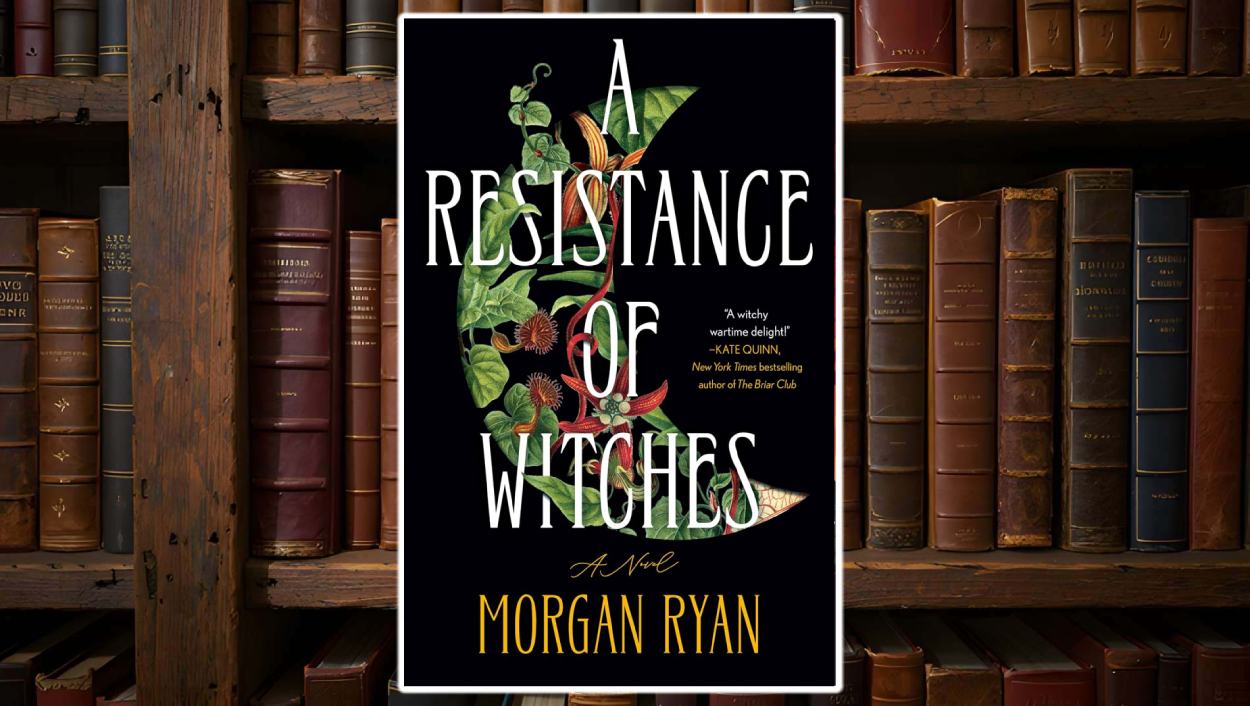 Buchcover von A Resistance of Witches von Morgan Ryan vor einem Regal mit alten Lederbänden – schwarzer Hintergrund, florales Hexensymbol, stilisierte Schrift.