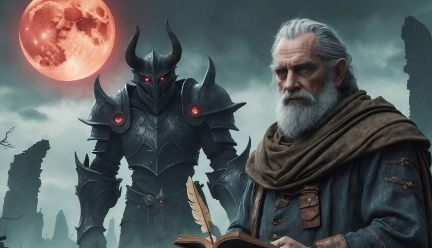 A fantasy author with a grey beard stands with a feather quill and open book amidst ruins. Behind him looms a towering demonic knight with glowing red eyes, under a blood-red moon in a dark, foggy landscape.