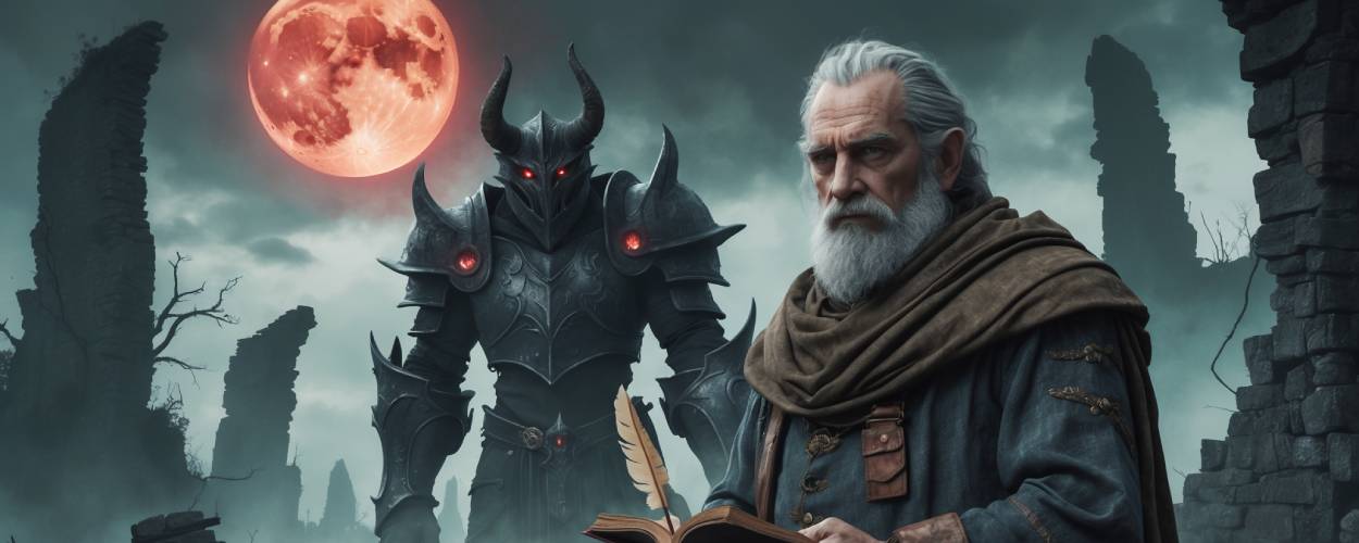 A fantasy author with a grey beard stands with a feather quill and open book amidst ruins. Behind him looms a towering demonic knight with glowing red eyes, under a blood-red moon in a dark, foggy landscape.