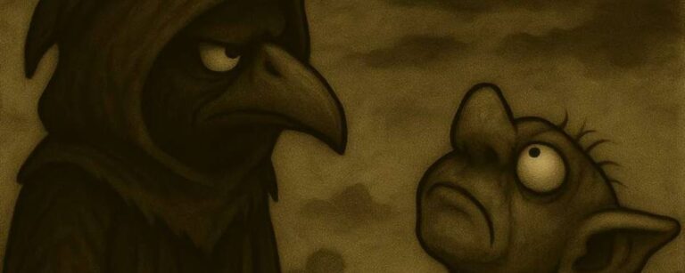 Crowbah, der düstere Rabenvogel, blickt finster auf seinen Sidekick Grabhold, der mit ratlosem Gesichtsausdruck nach oben starrt – dunkle Fantasy-Stimmung mit morbidem Humor.