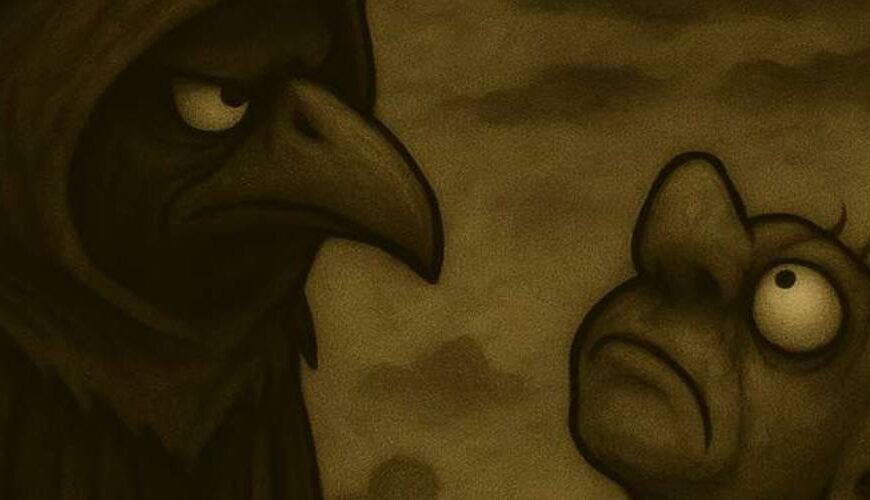 Crowbah, der düstere Rabenvogel, blickt finster auf seinen Sidekick Grabhold, der mit ratlosem Gesichtsausdruck nach oben starrt – dunkle Fantasy-Stimmung mit morbidem Humor.