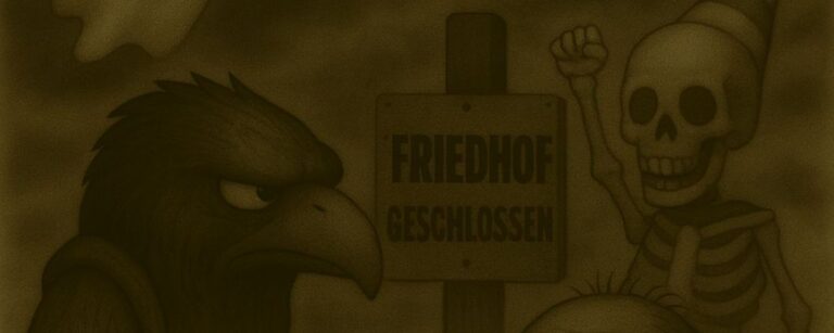 Sepiafarbene Zeichnung: Crowbah und Grabhold stehen vor einem geschlossenen Friedhofstor. Im Hintergrund spuken Geister, auf dem Schild steht „Friedhof geschlossen“. Grabhold schaut mürrisch, Crowbah fragend.