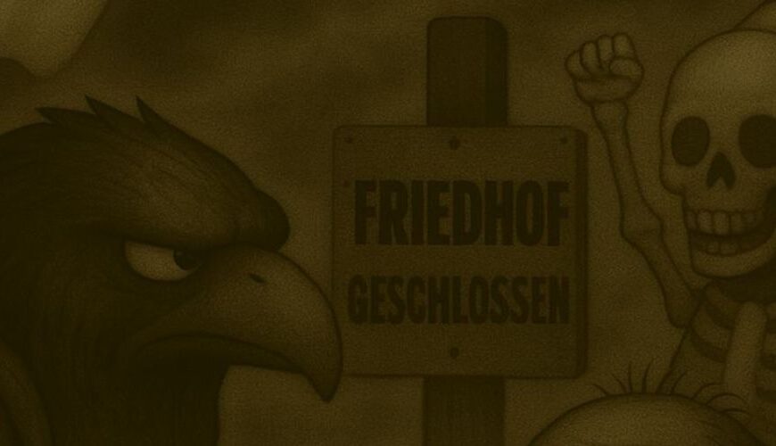 Sepiafarbene Zeichnung: Crowbah und Grabhold stehen vor einem geschlossenen Friedhofstor. Im Hintergrund spuken Geister, auf dem Schild steht „Friedhof geschlossen“. Grabhold schaut mürrisch, Crowbah fragend.
