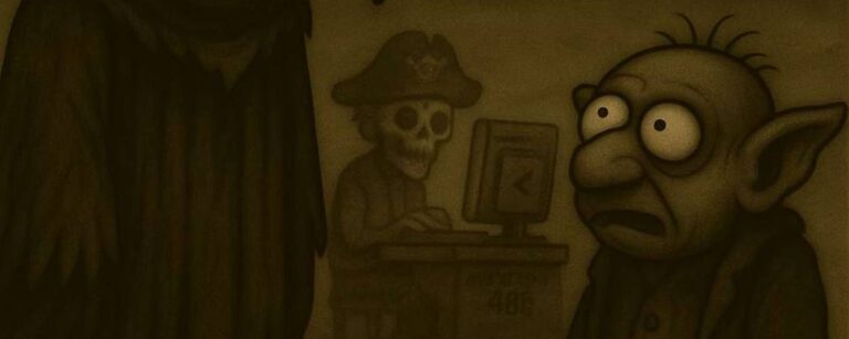 Cartoon: Rabenvogel Crowbah und Gruftkobold Grabhold beobachten einen untoten Piraten am Computer – Grabhold fragt, ob er die Enter-Taste sucht.