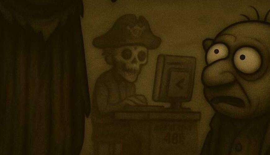 Cartoon: Rabenvogel Crowbah und Gruftkobold Grabhold beobachten einen untoten Piraten am Computer – Grabhold fragt, ob er die Enter-Taste sucht.