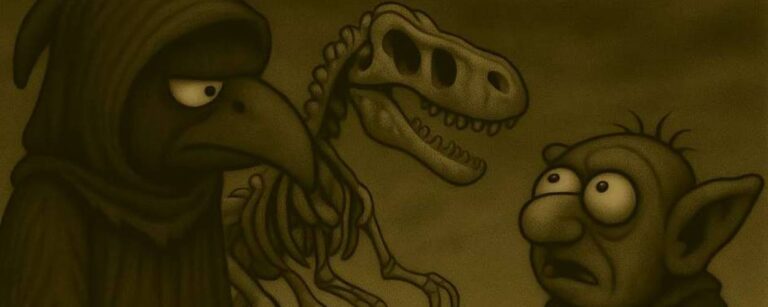 Gruftkrähe Crowbah und Kobold Grabhold stehen vor einem T-Rex-Skelett – Grabhold stellt eine dumme Frage, Crowbah schweigt entsetzt.