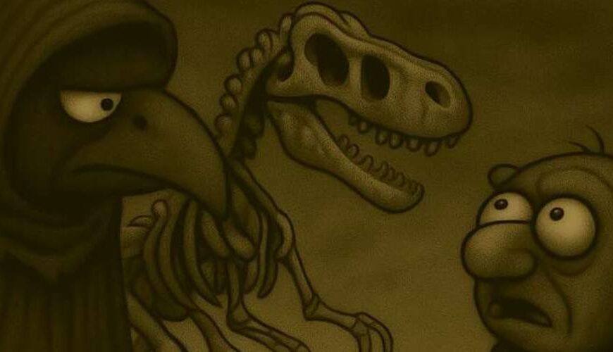 Gruftkrähe Crowbah und Kobold Grabhold stehen vor einem T-Rex-Skelett – Grabhold stellt eine dumme Frage, Crowbah schweigt entsetzt.