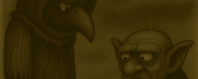 Ausschnitt aus einem sepiafarbenen Cartoon: Links steht Crowbah, ein grimmig blickender Rabenvogel mit Kapuze, der finster nach unten schaut. Rechts blickt Grabhold, ein kleiner, verwirrter Gnom mit großen Ohren und weit aufgerissenen Augen, fragend zu ihm hoch. Die Szene zeigt einen Moment gespannter Stille zwischen den beiden Figuren.