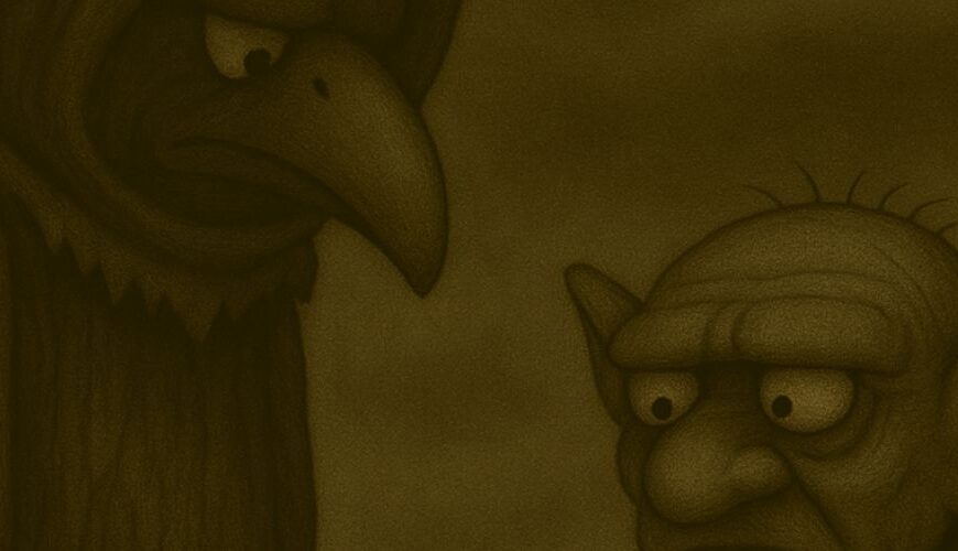 Ausschnitt aus einem sepiafarbenen Cartoon: Links steht Crowbah, ein grimmig blickender Rabenvogel mit Kapuze, der finster nach unten schaut. Rechts blickt Grabhold, ein kleiner, verwirrter Gnom mit großen Ohren und weit aufgerissenen Augen, fragend zu ihm hoch. Die Szene zeigt einen Moment gespannter Stille zwischen den beiden Figuren.