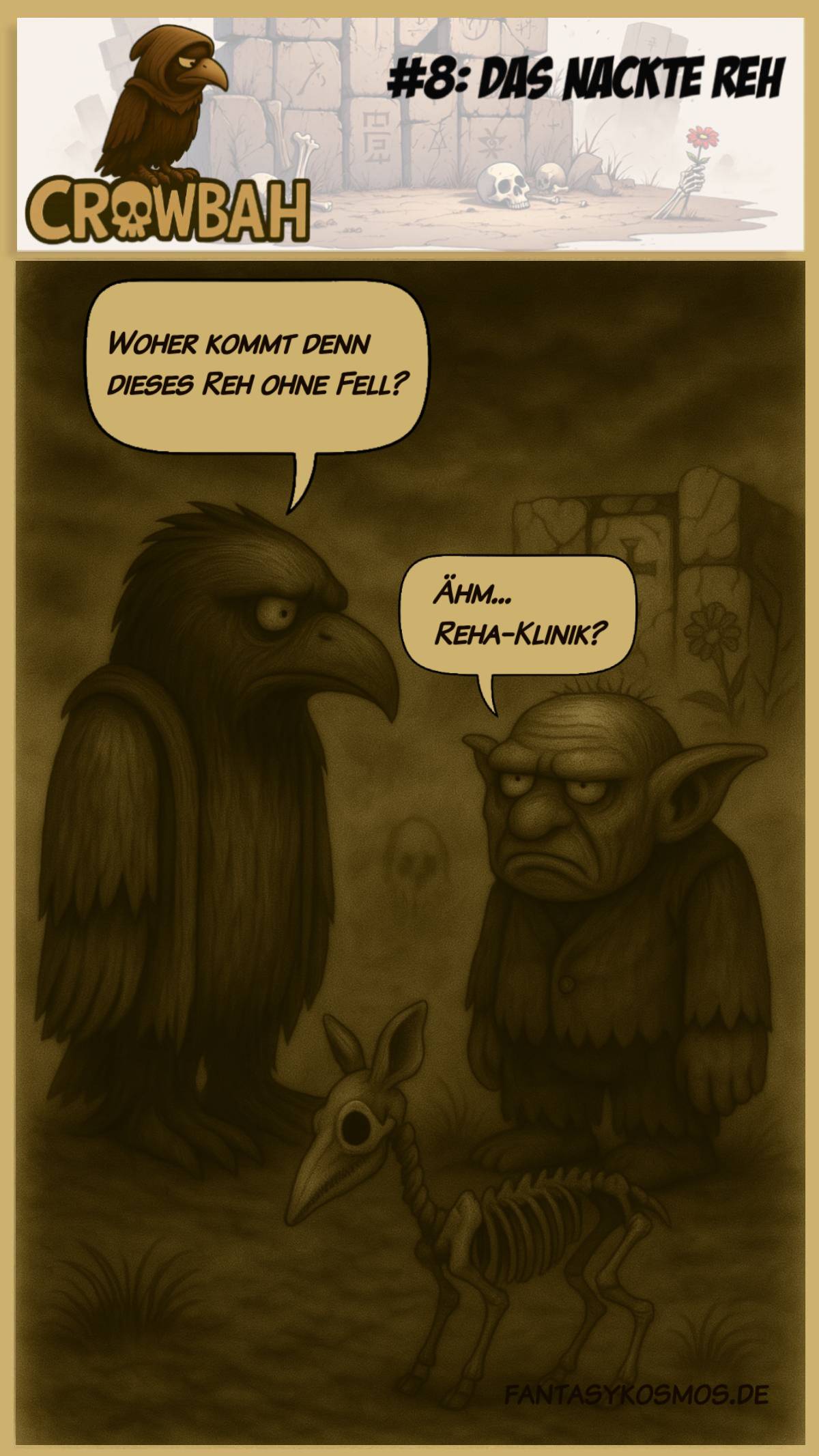 Sepiafarbener Cartoon mit Krähenwesen, Gnom und skelettiertem Reh – düster, witzig, morbide.