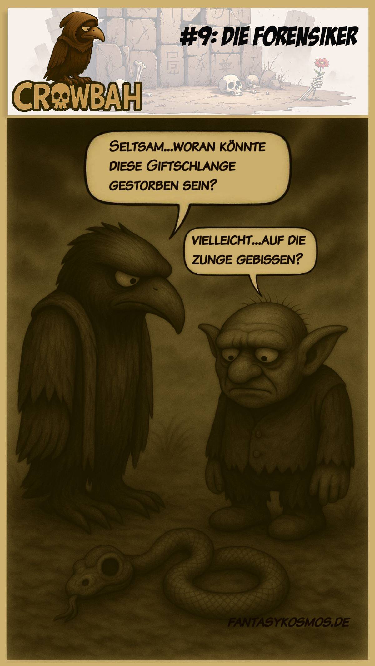 Sepiafarbener Cartoon mit Krähenwesen, Gnom und skelettiertem Reh – düster, witzig, morbide.