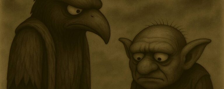 Sepiaton-Zeichnung mit düsterem Humor: Crowbah und Grabhold stehen vor einer toten Giftschlange mit heraushängender Zunge – Grabhold blickt ratlos, Crowbah finster.