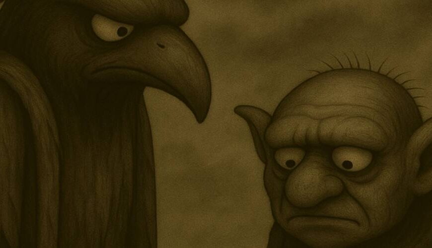 Sepiaton-Zeichnung mit düsterem Humor: Crowbah und Grabhold stehen vor einer toten Giftschlange mit heraushängender Zunge – Grabhold blickt ratlos, Crowbah finster.