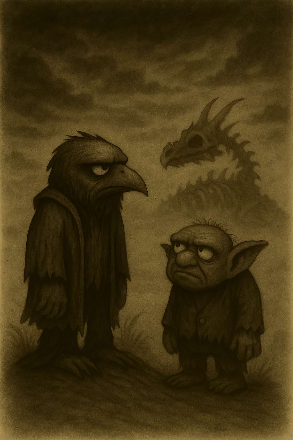 Cartoonhafte Illustration von Crowbah, der finsteren Krähenfigur, und seinem missmutigen Sidekick Grabhold. Im Hintergrund ragt das Skelett eines riesigen Drachen aus dem Nebel – gespenstisch und grotesk zugleich.