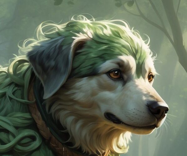 Ein moosbedeckter Fantasiehund mit grün gelocktem Fell und Runenanhängern steht in einer sonnenbeschienenen Waldlichtung – ein sanfter Hüter des Waldes.