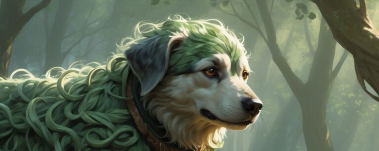 Ein moosbedeckter Fantasiehund mit grün gelocktem Fell und Runenanhängern steht in einer sonnenbeschienenen Waldlichtung – ein sanfter Hüter des Waldes.