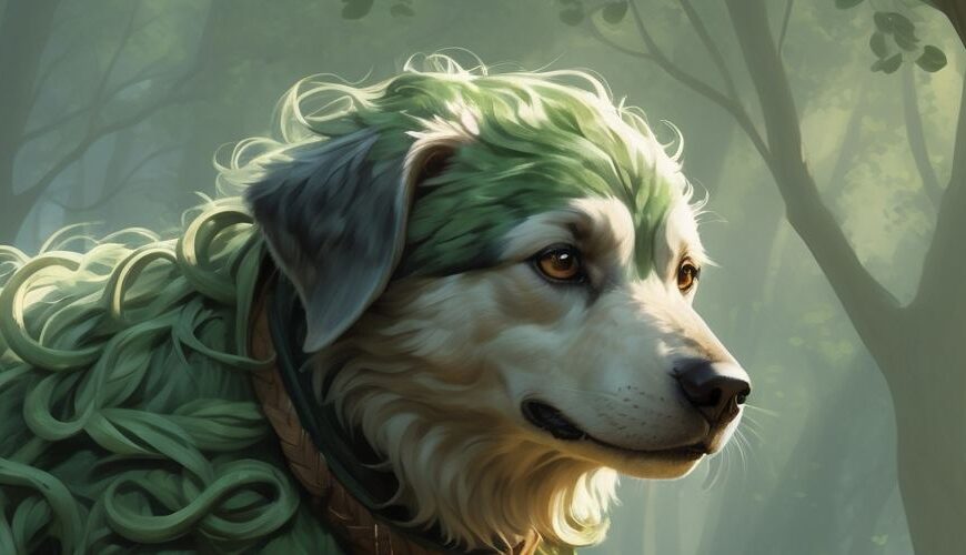 Ein moosbedeckter Fantasiehund mit grün gelocktem Fell und Runenanhängern steht in einer sonnenbeschienenen Waldlichtung – ein sanfter Hüter des Waldes.