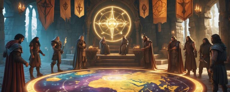 Ein runder Rat aus Fantasy-Generälen steht um eine leuchtende, magische Weltkarte in einer steinernen Halle mit Bannern und Symbolen – ein Strategie-Kriegskonzil, das epische Entscheidungen vorbereitet.