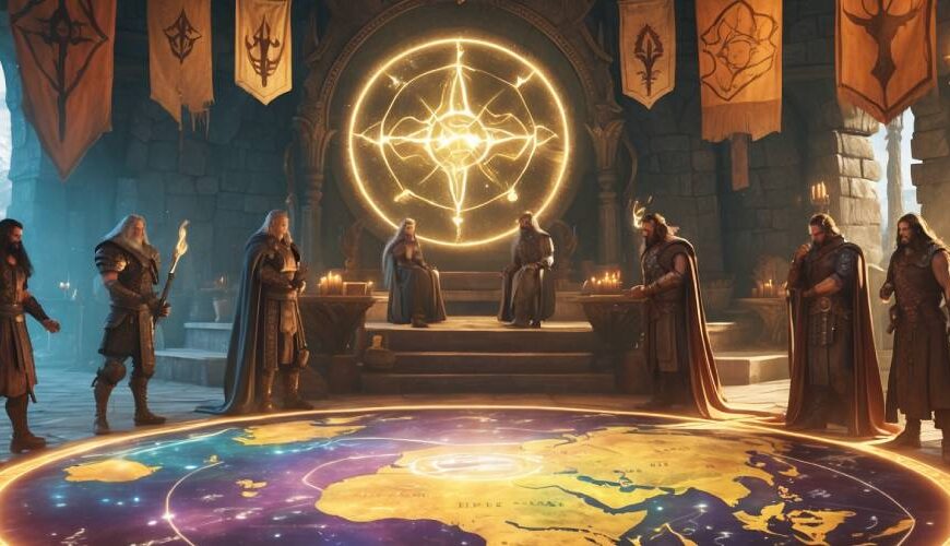 Ein runder Rat aus Fantasy-Generälen steht um eine leuchtende, magische Weltkarte in einer steinernen Halle mit Bannern und Symbolen – ein Strategie-Kriegskonzil, das epische Entscheidungen vorbereitet.