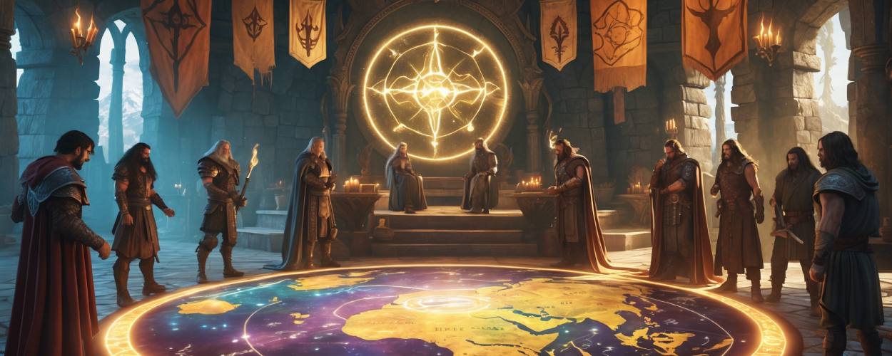 Ein runder Rat aus Fantasy-Generälen steht um eine leuchtende, magische Weltkarte in einer steinernen Halle mit Bannern und Symbolen – ein Strategie-Kriegskonzil, das epische Entscheidungen vorbereitet.