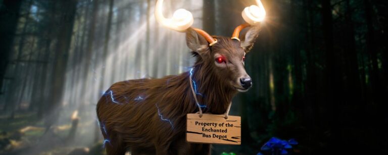 Ein wütend dreinblickender Fantasy-Hirsch mit leuchtenden Telefonhörnern im dunklen Zauberwald. Um den Hals trägt er ein Schild mit der Aufschrift „Property of the Enchanted Bus Depot“. Aus seinem Fell sprühen statische Entladungen, im Vordergrund wachsen leuchtende Pilze.