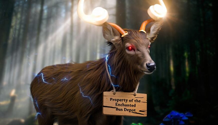 Ein wütend dreinblickender Fantasy-Hirsch mit leuchtenden Telefonhörnern im dunklen Zauberwald. Um den Hals trägt er ein Schild mit der Aufschrift „Property of the Enchanted Bus Depot“. Aus seinem Fell sprühen statische Entladungen, im Vordergrund wachsen leuchtende Pilze.