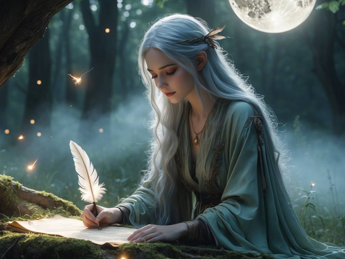 Elfenhafte Schriftstellerin mit Tinte und Blattpapier, sitzt unter einem Baum im Dämmerlicht