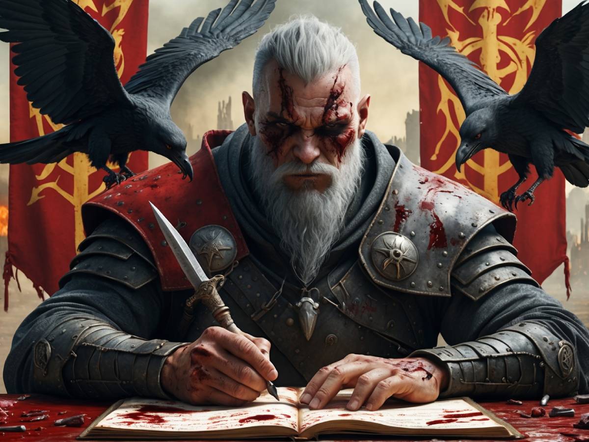 Düstere Kriegerfigur mit Kettensägen-Schwert in postapokalyptischem Fantasy-Setting