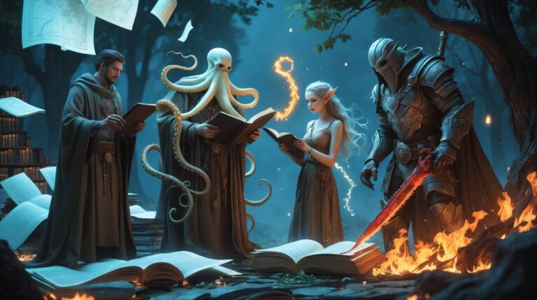 Vier archetypische Fantasy-Autorenfiguren stehen in einem magisch erleuchteten Wald: ein bärtiger Weltenbauer mit schwebenden Karten, ein Lovecraft-Wesen mit Tentakelgesicht, eine elbische Waldpoetin mit leuchtender Tinte und ein gepanzerter Grimdark-Schreiber mit Kettensägen-Schwert – zwischen flammenden Manuskripten und fliegenden Büchern.