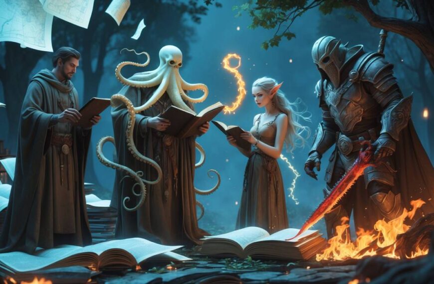 Vier archetypische Fantasy-Autorenfiguren stehen in einem magisch erleuchteten Wald: ein bärtiger Weltenbauer mit schwebenden Karten, ein Lovecraft-Wesen mit Tentakelgesicht, eine elbische Waldpoetin mit leuchtender Tinte und ein gepanzerter Grimdark-Schreiber mit Kettensägen-Schwert – zwischen flammenden Manuskripten und fliegenden Büchern.