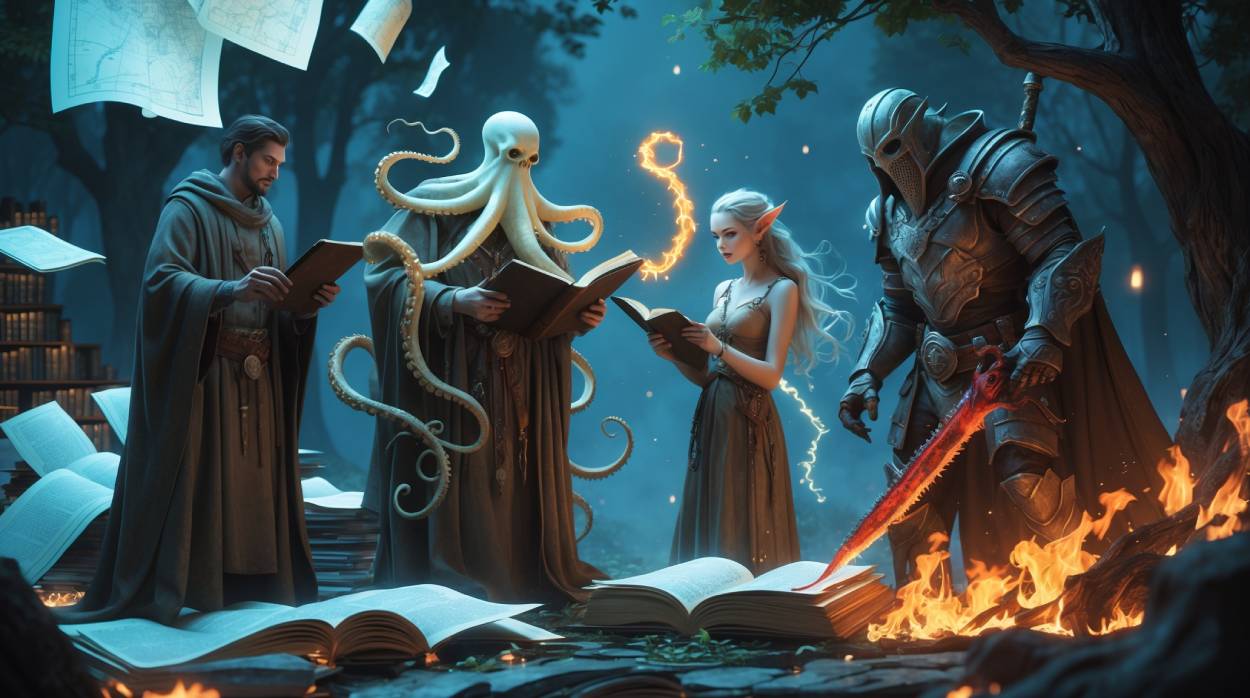 Bild: Eine Gruppe unterschiedlicher Fantasyabenteurer auf dem Weg zu einer neuen Quiest. Ein Waldweg im Hintergrund.