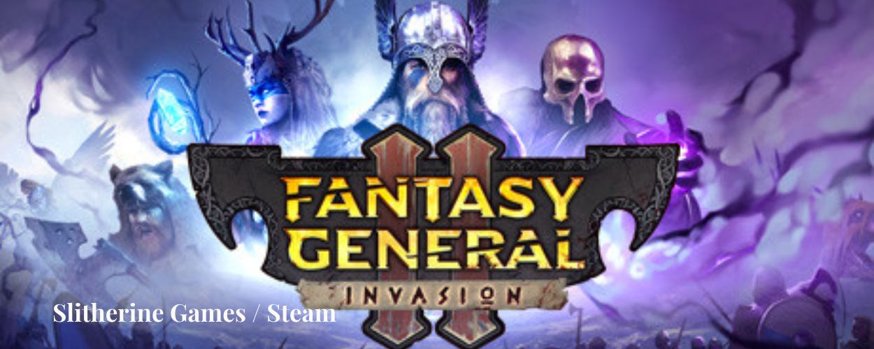 Titelgrafik von Fantasy General II: Invasion mit zentralem Spiel-Logo und Fantasy-Figuren wie Zauberin, Barbarenkönig und Totenschädel-Magier im Hintergrund.