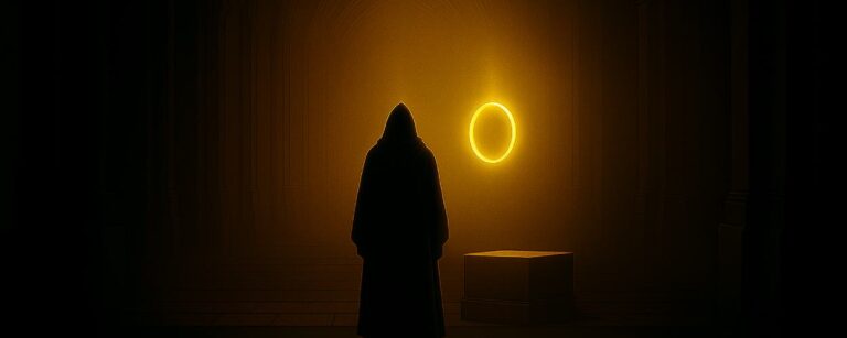 Eine in goldenes Licht getauchte gotische Halle. Im Zentrum schwebt ein leuchtender Ring über einem schlichten Sockel. Eine dunkle, vermummte Gestalt steht davor, vom Lichtschein umgeben – Symbol für Tolkiens Mythenschöpfung im Fantasy-Labyrinth.