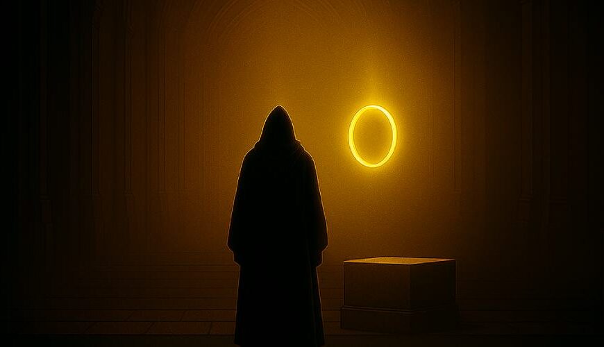Eine in goldenes Licht getauchte gotische Halle. Im Zentrum schwebt ein leuchtender Ring über einem schlichten Sockel. Eine dunkle, vermummte Gestalt steht davor, vom Lichtschein umgeben – Symbol für Tolkiens Mythenschöpfung im Fantasy-Labyrinth.