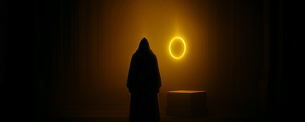 Eine in goldenes Licht getauchte gotische Halle. Im Zentrum schwebt ein leuchtender Ring über einem schlichten Sockel. Eine dunkle, vermummte Gestalt steht davor, vom Lichtschein umgeben – Symbol für Tolkiens Mythenschöpfung im Fantasy-Labyrinth.