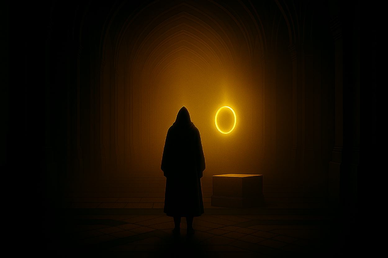 Eine in goldenes Licht getauchte gotische Halle. Im Zentrum schwebt ein leuchtender Ring über einem schlichten Sockel. Eine dunkle, vermummte Gestalt steht davor, vom Lichtschein umgeben – Symbol für Tolkiens Mythenschöpfung im Fantasy-Labyrinth.