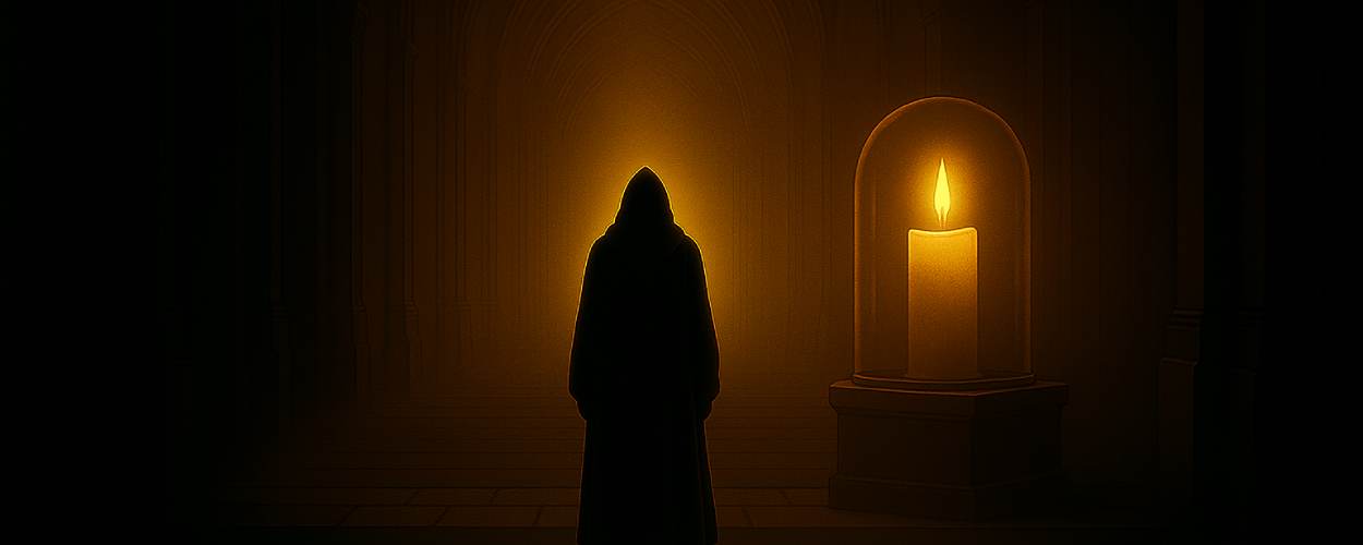 Eine einzelne brennende Kerze unter einer Glaskuppel, thronend auf einem steinernen Sockel inmitten eines gotischen Gewölbes. Im Vordergrund steht eine dunkle Gestalt in Mantel und Kapuze, angestrahlt vom warmen Licht der Flamme. Symbol für innere Einkehr, Hoffnung und fragile Klarheit in der düsteren Nachkriegszeit.
